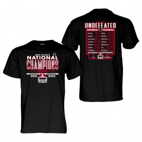 Georgia Bulldogs Blue 84 Back-To-Back College Football Playoff National Champions Schedule T-Shirt Black