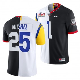 Sony Michel Super Bowl LVI Georgia Bulldogs X LA Rams #1 Black White Dual Teams Split Jersey