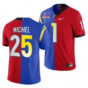 Sony Michel Super Bowl LVI Georgia Bulldogs X LA Rams #1 Red Royal Dual Teams Split Jersey